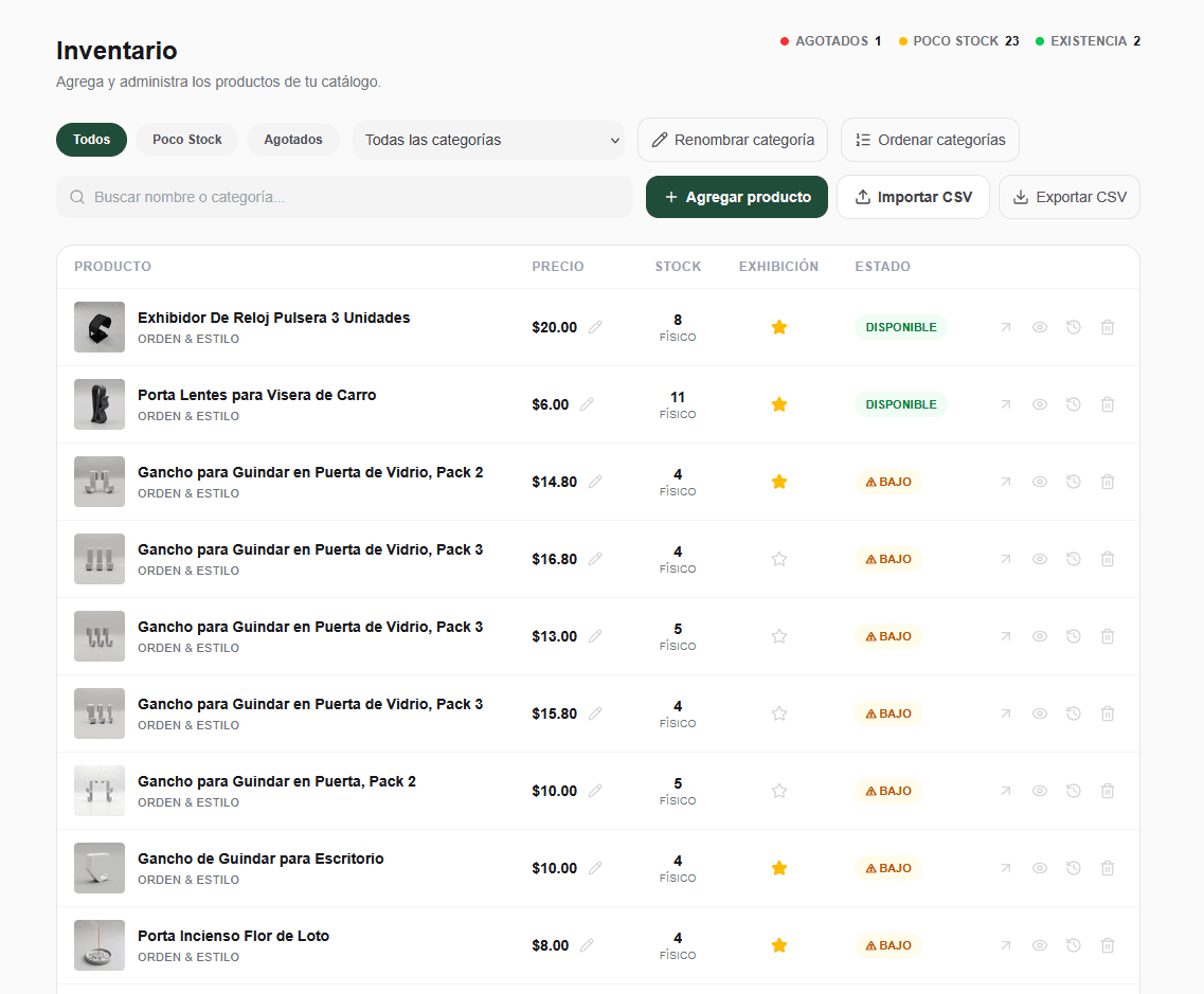 Panel de Inventario en GoListto